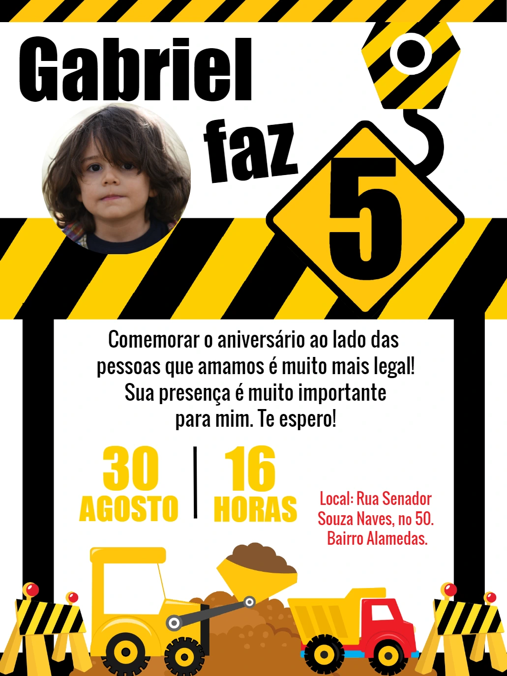 Convite Aniversário Construção com Foto para Editar Online