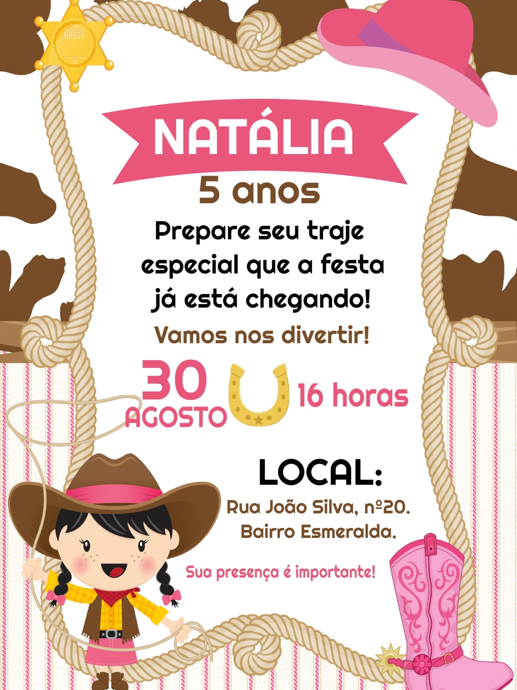 Convite Aniversário Cowgirl Boiadeira para Editar Online