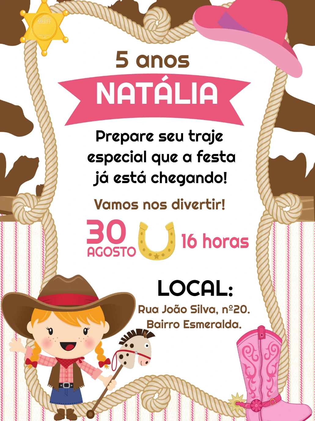 Convite de Aniversário Cowgirl Boiadeira para Editar Online