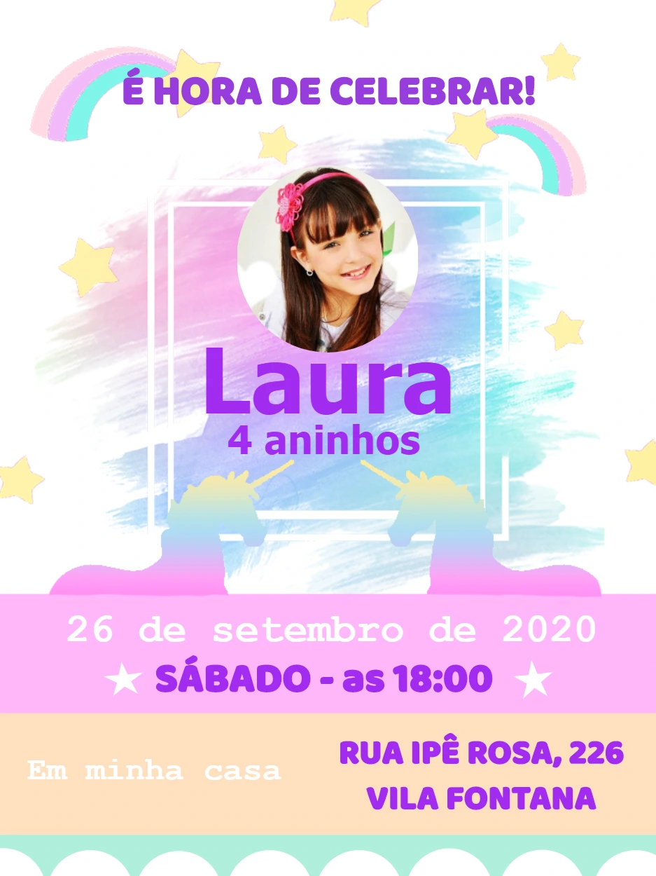 Convite de Aniversário Unicórnio com Foto para Editar Online