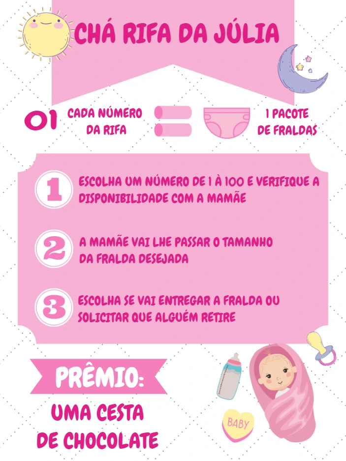 Convite Chá Rifa de Bebê Menina Rosa para Editar Online