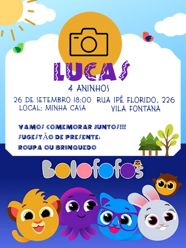Convite de Aniversário Bolofofos com Foto para Editar Online
