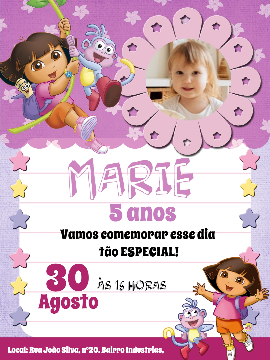 Convite de Aniversário Dora Aventureira com Foto para Editar