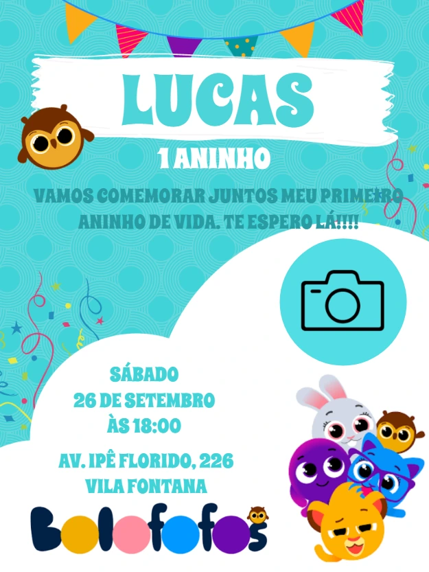 Convite de Aniversário Bolofofos com Foto para Editar Online