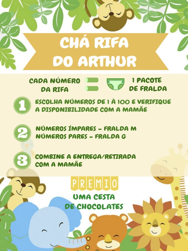 Chá Rifa Safari Editável Online com Animais Fofos para Editar