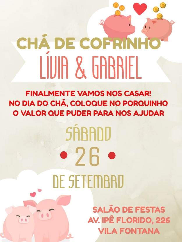 Convite Chá de Cofrinho com Porquinhos para Editar Online