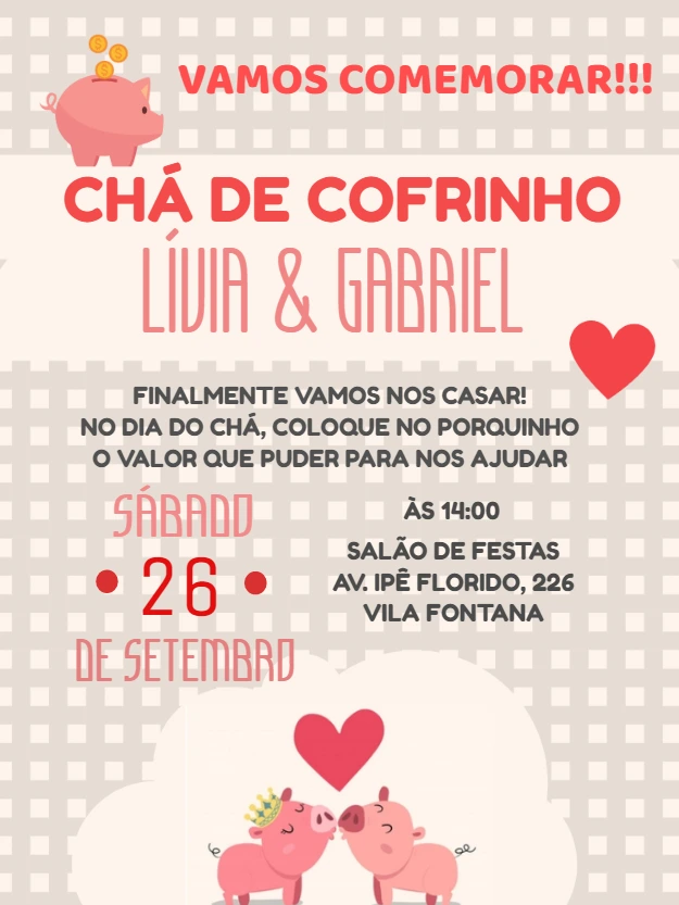 Convite Chá de Cofrinho Casamento com Porquinhos para Editar