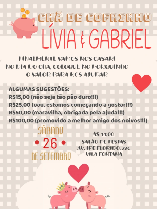 Convite Chá de Cofrinho Porquinhos Fofos para Editar Online