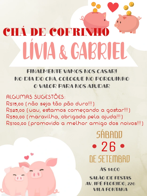 Convite Chá de Cofrinho com Porquinhos para Editar Online