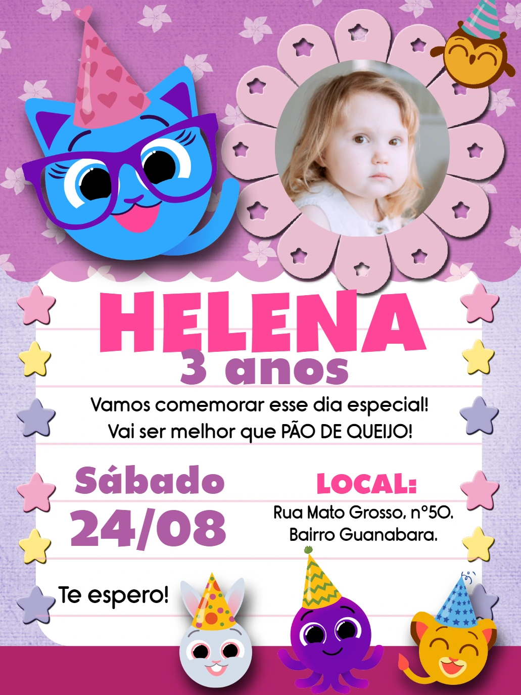 Convite de Aniversário Bolofofos com Foto para Editar Online