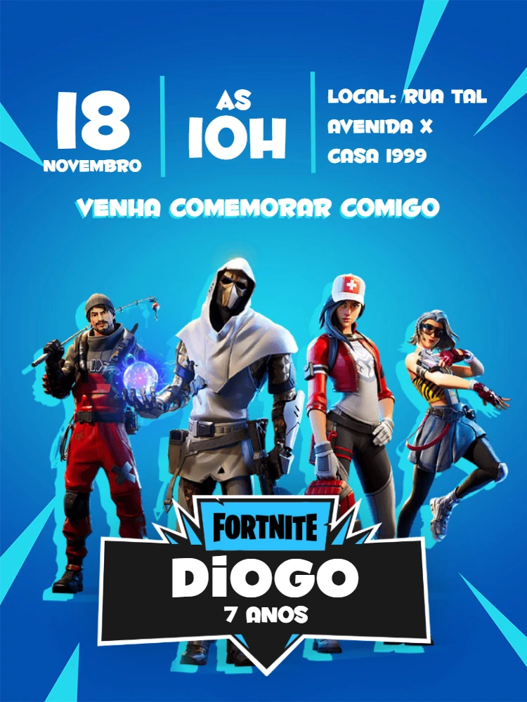 Convite Aniversário Fortnite com Personagens para Editar Online