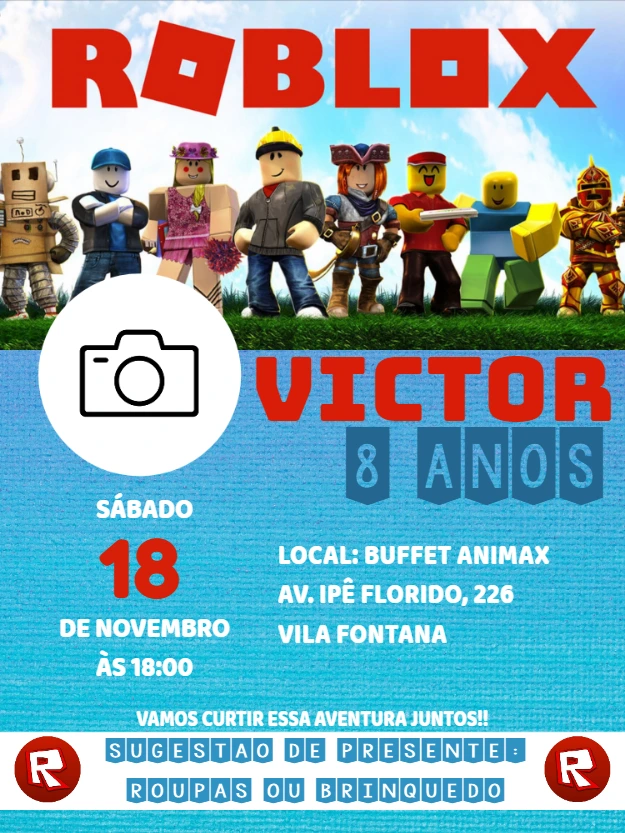 Convite de Aniversário Roblox com Foto para Editar Online
