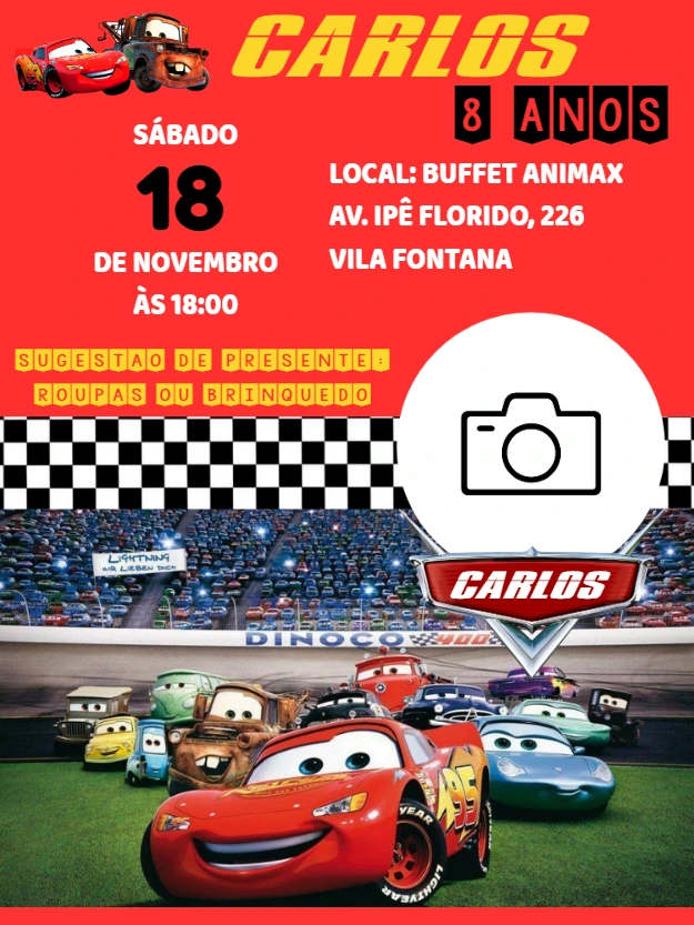 Convite de Aniversário Carros com Foto para Editar Online