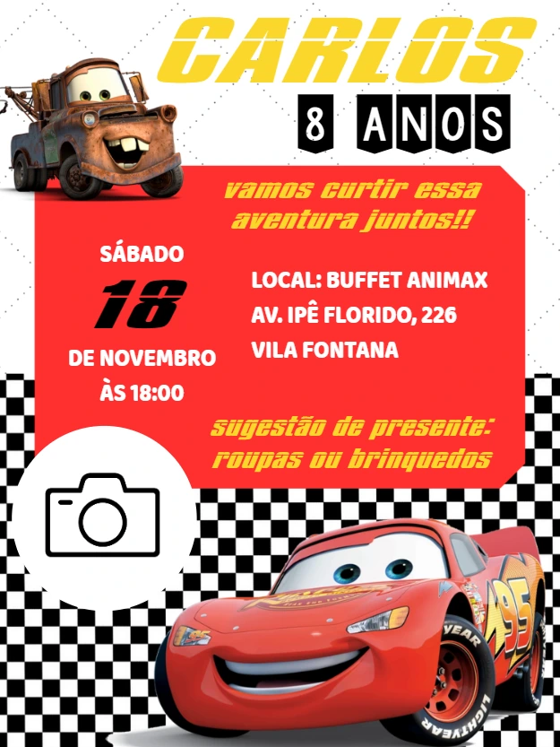 Convite Aniversário Carros com Foto para Editar Online