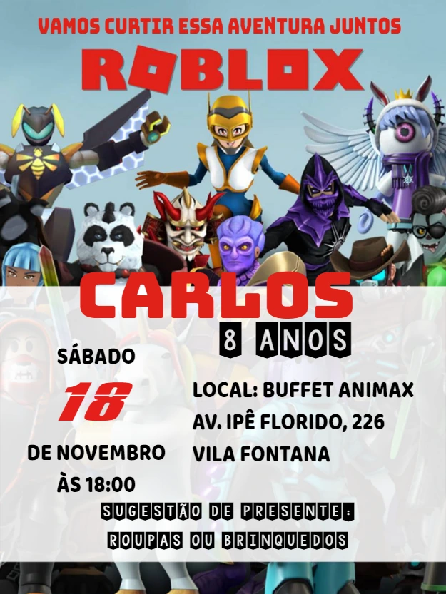 Convite de Aniversário Roblox com Personagens para Editar Online