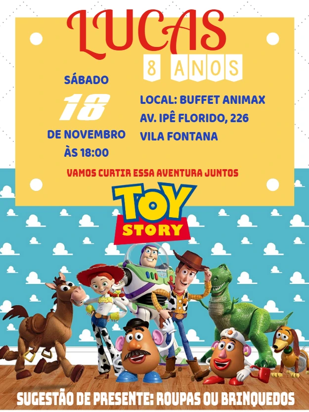 Convite Aniversário Toy Story com Personagens para Editar