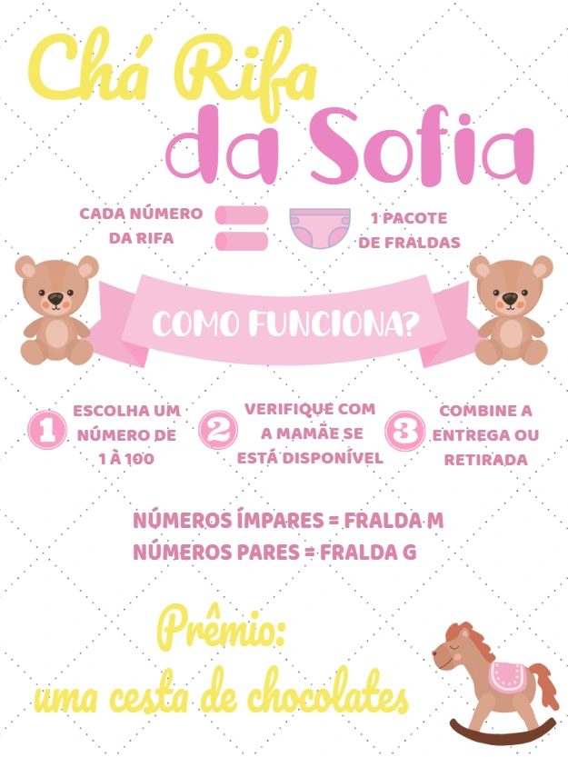 Convite Chá Rifa Ursinha Princesa para Editar Online