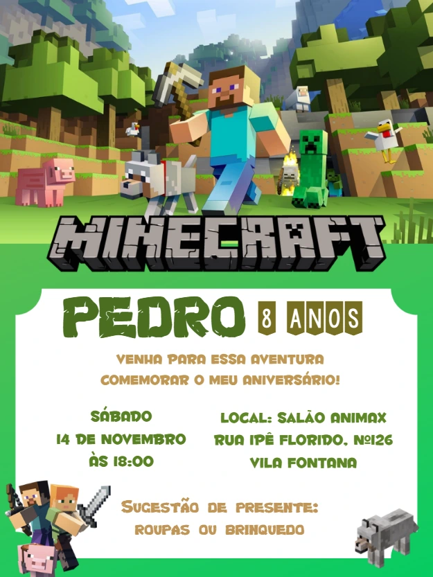 Convite de Aniversário Minecraft com Personagens para Editar