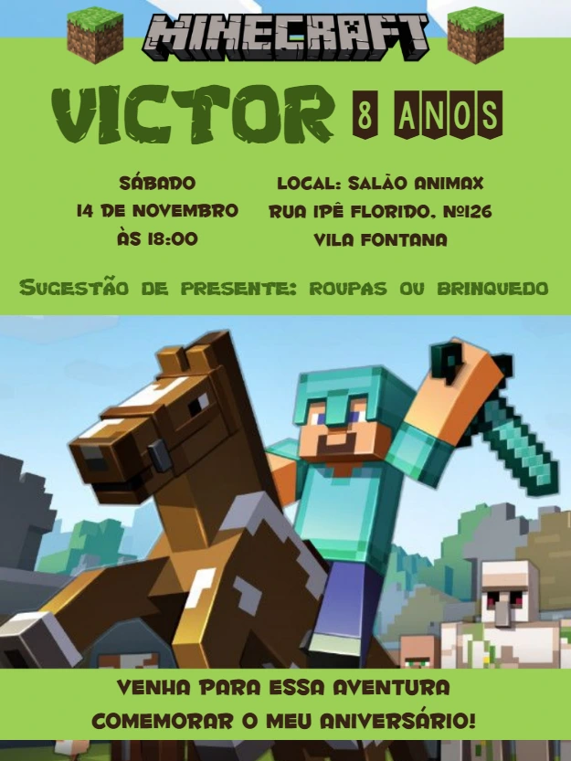 Convite de Aniversário Minecraft com Personagens para Editar Online