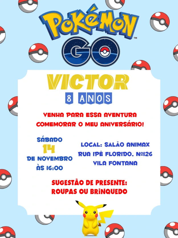 Convite de Aniversário Pokémon Go para Editar Online