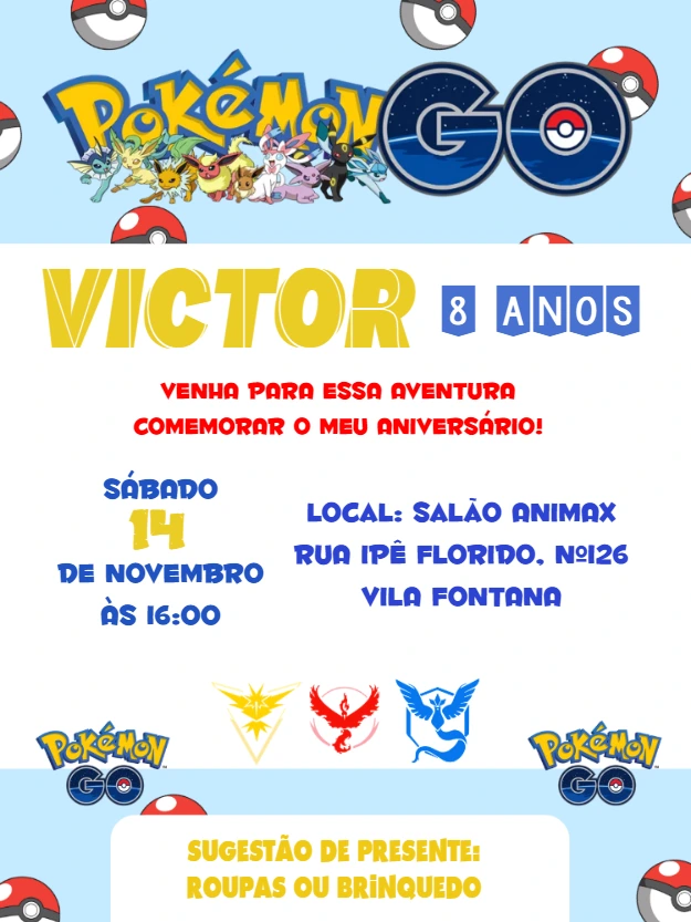 Convite de Aniversário Pokémon Go com Personagens para Editar Online