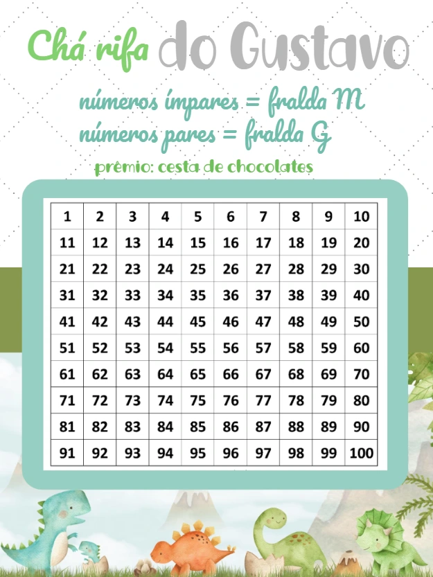 Chá Rifa Dinossauro Baby com Números para Editar Online