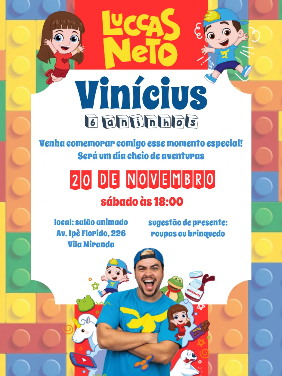 Convite de Aniversário Luccas Neto com Blocos para Editar Online