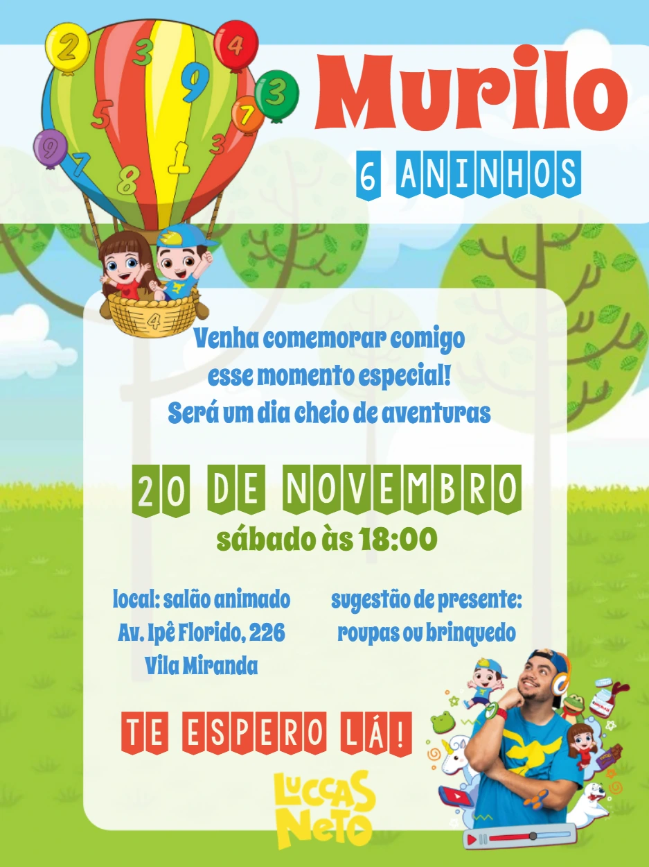 Convite de Aniversário Luccas Neto Aventura para Editar Online
