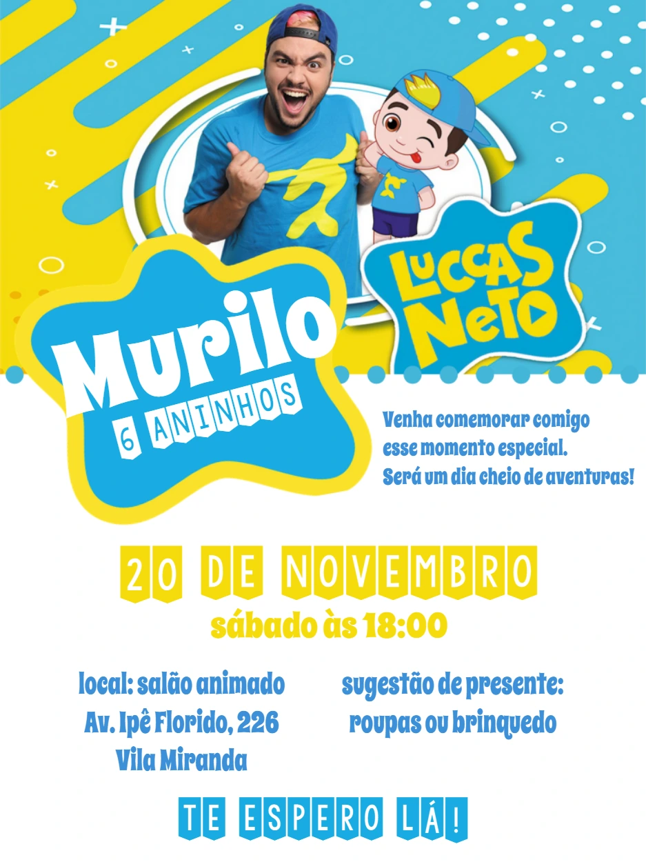 Convite de Aniversário Luccas Neto para Editar Online