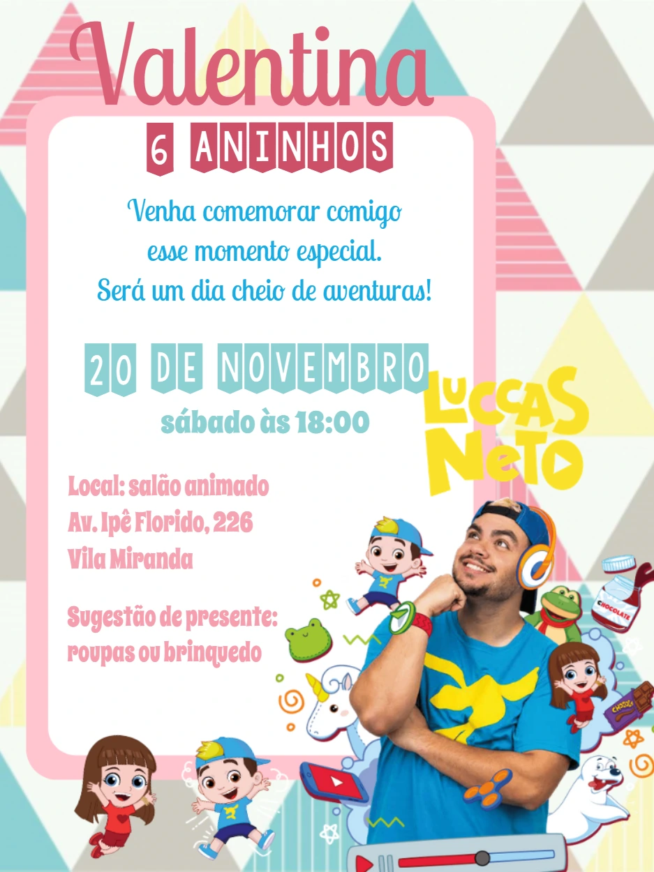 Convite de Aniversário Luccas Neto para Editar Online
