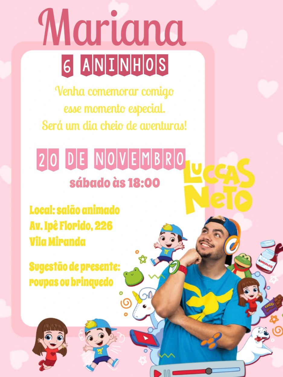Convite de Aniversário Luccas Neto Rosa para Editar Online