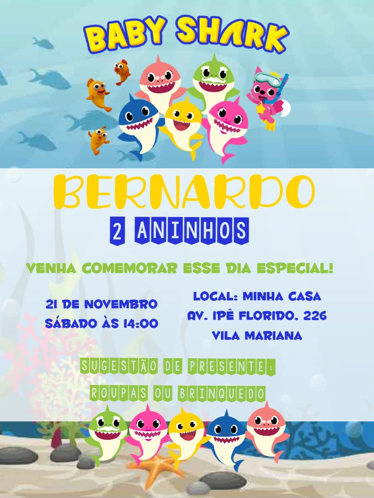 Convite de Aniversário Baby Shark para Editar Online