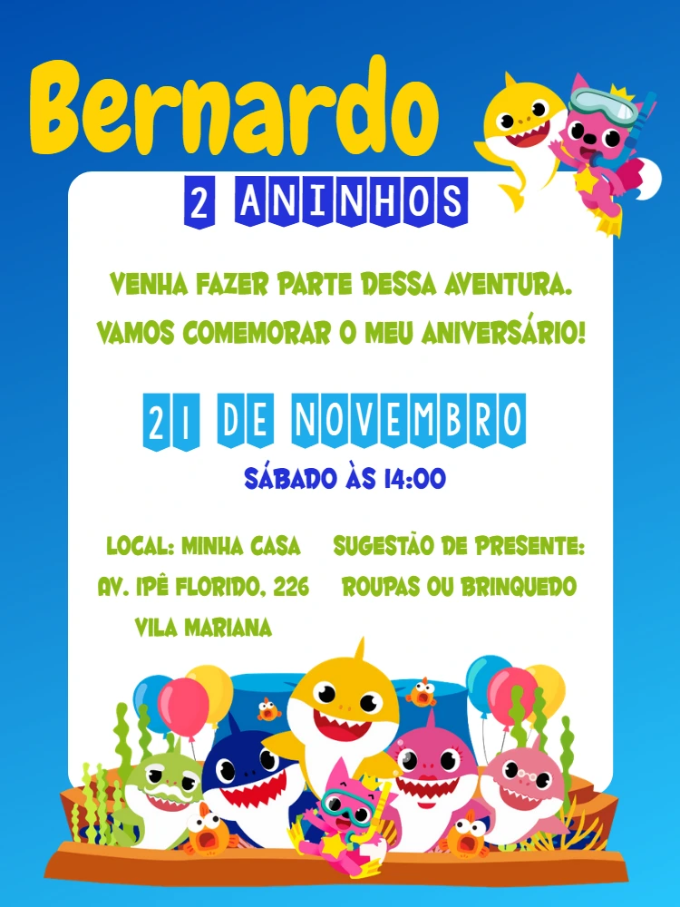 Convite de Aniversário Baby Shark com Personagens para Editar