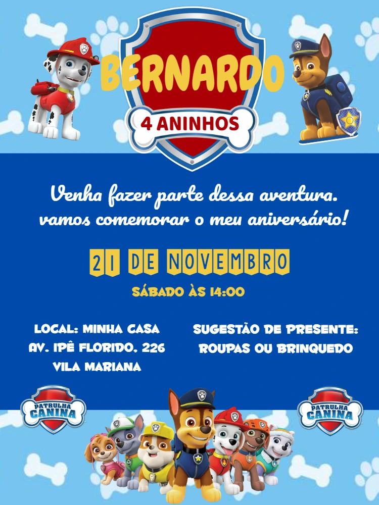 Convite de Aniversário Patrulha Canina com Personagens para Editar