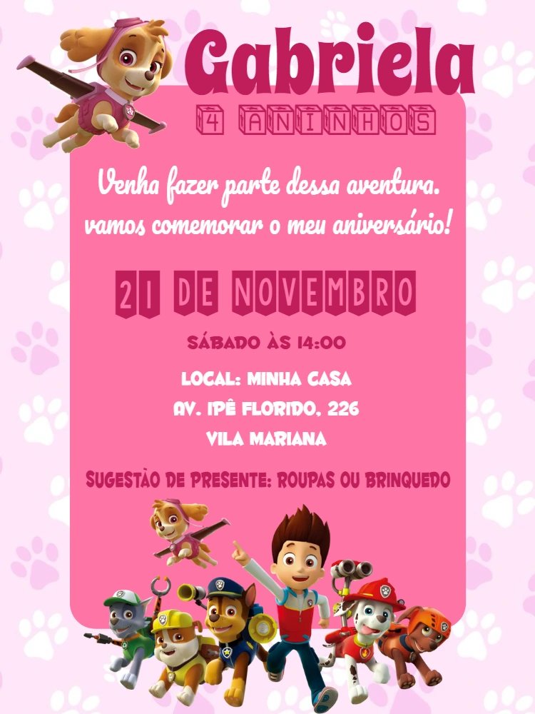 Convite de Aniversário Patrulha Canina Rosa para Editar Online