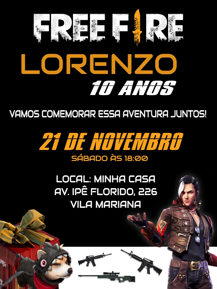 Convite de Aniversário Free Fire com Personagens para Editar