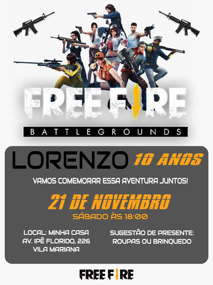 Convite de Aniversário Free Fire com Personagens para Editar