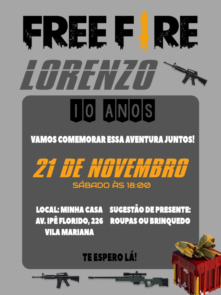 Convite de Aniversário Free Fire com Elementos para Editar