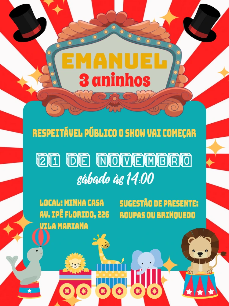 Convite de Aniversário Circo com Animais para Editar Online