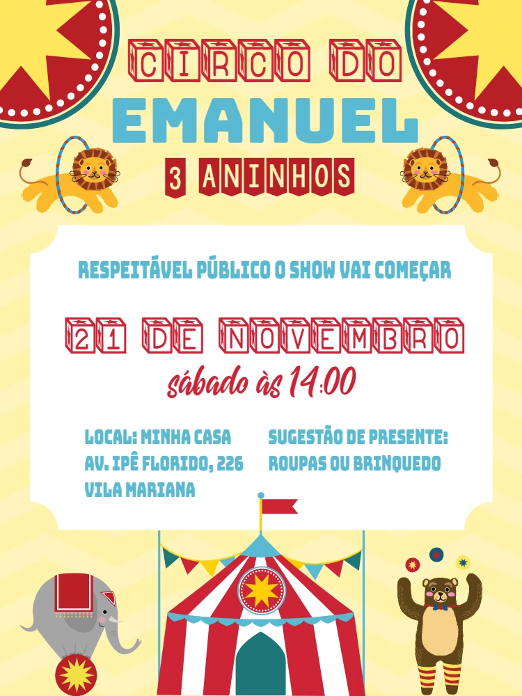 Convite de Aniversário Circo com Animais para Editar Online