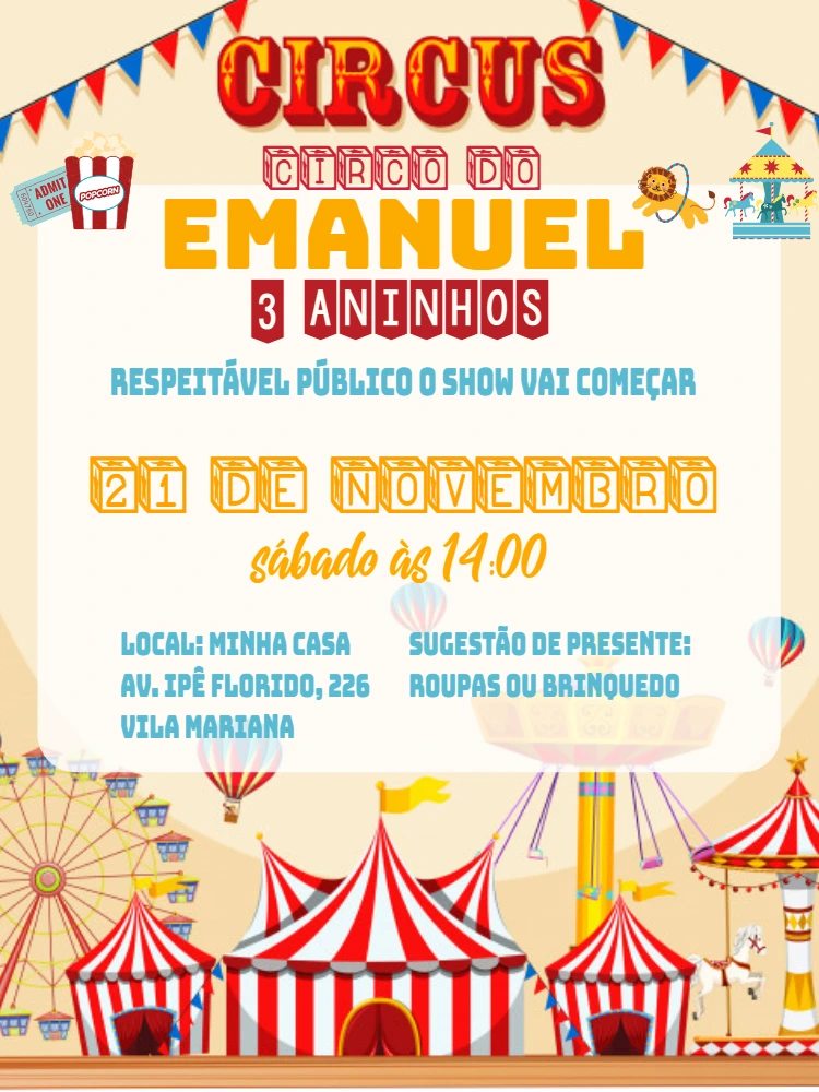 Convite Aniversário Circo Editável Online para Imprimir