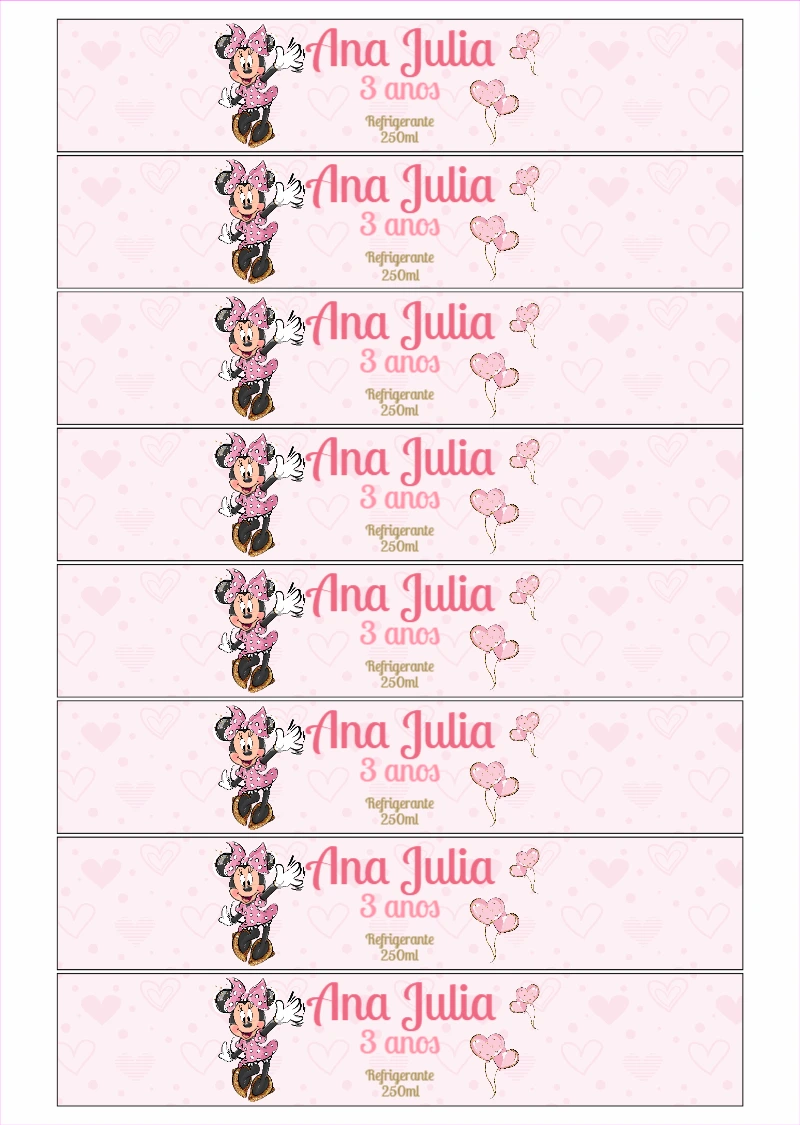 Rótulo de Refrigerante Minnie Rosa para Aniversário para Editar