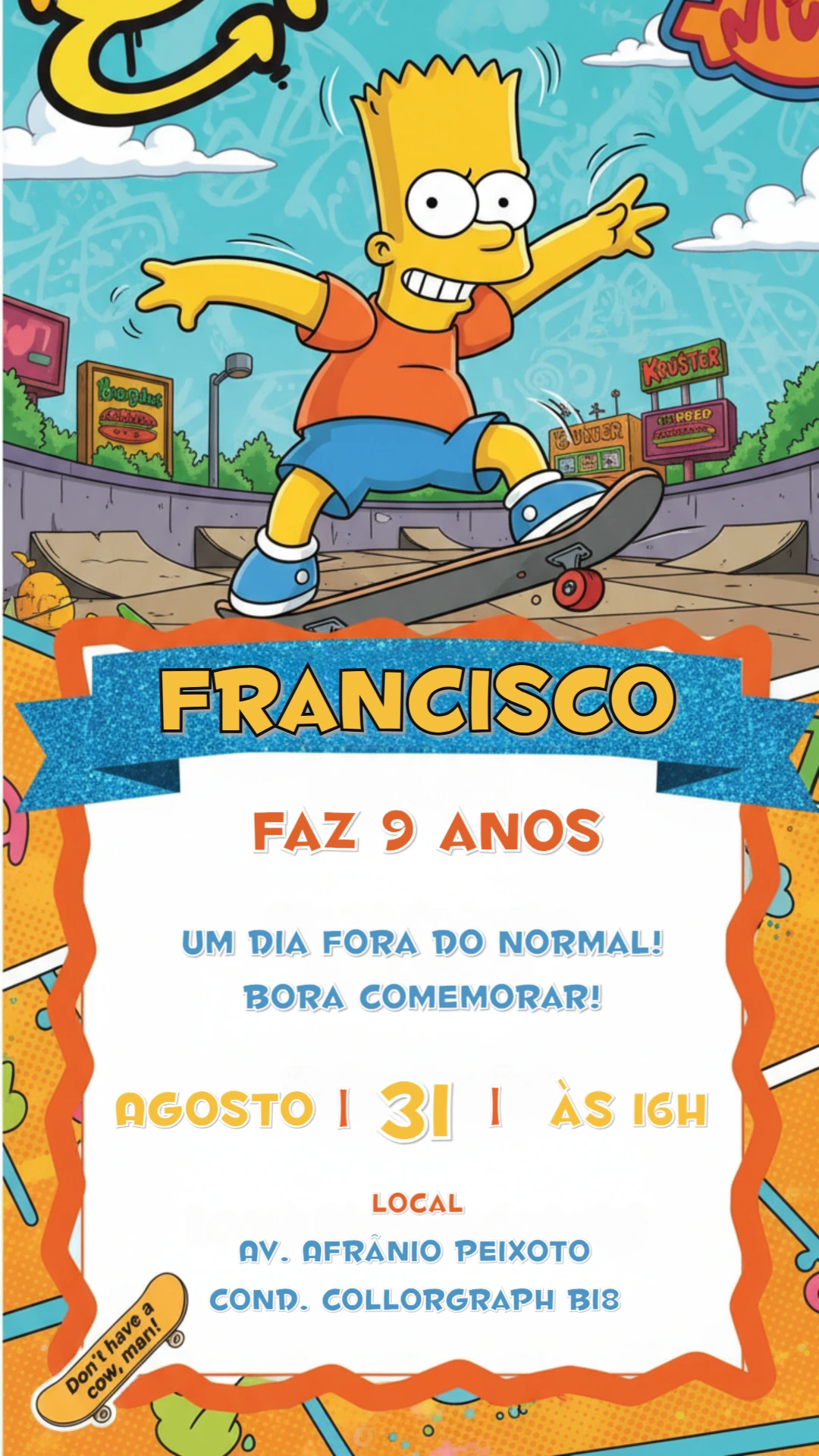 Convite de Aniversário Bart Simpson Skate para Editar
