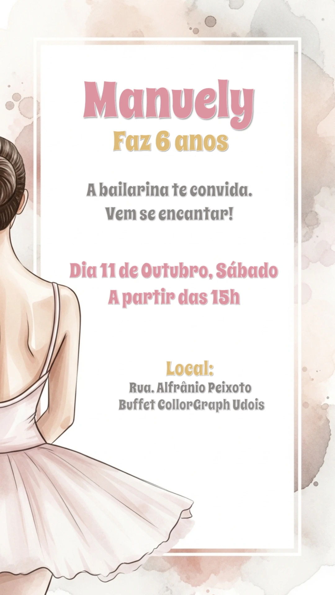 Convite Aniversário Bailarina Delicado para Editar Online