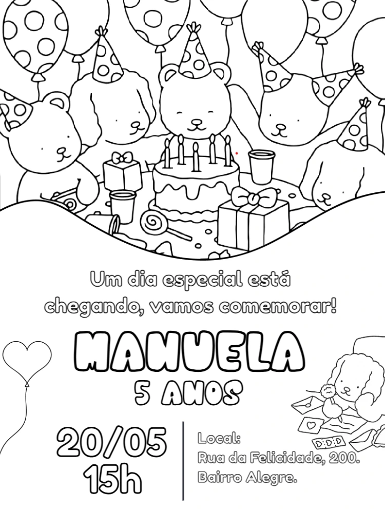 Convite de Aniversário Fofo para Colorir Editável Online