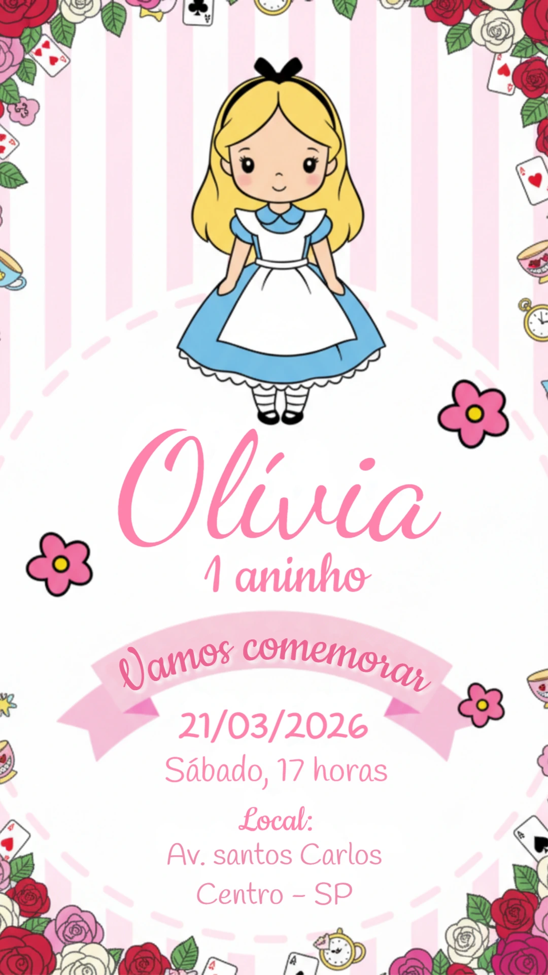 Convite de Aniversário Alice no País das Maravilhas Rosa Editável