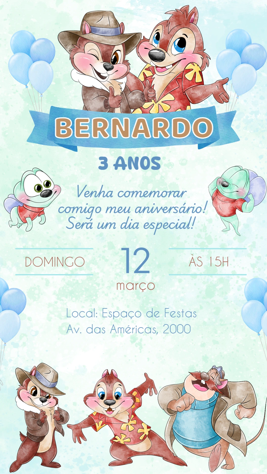 Convite de Aniversário Tico e Teco Editável Online