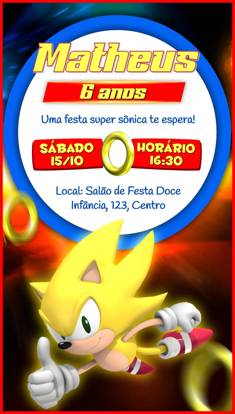 Convite de Aniversário Super Sonic para Editar Online