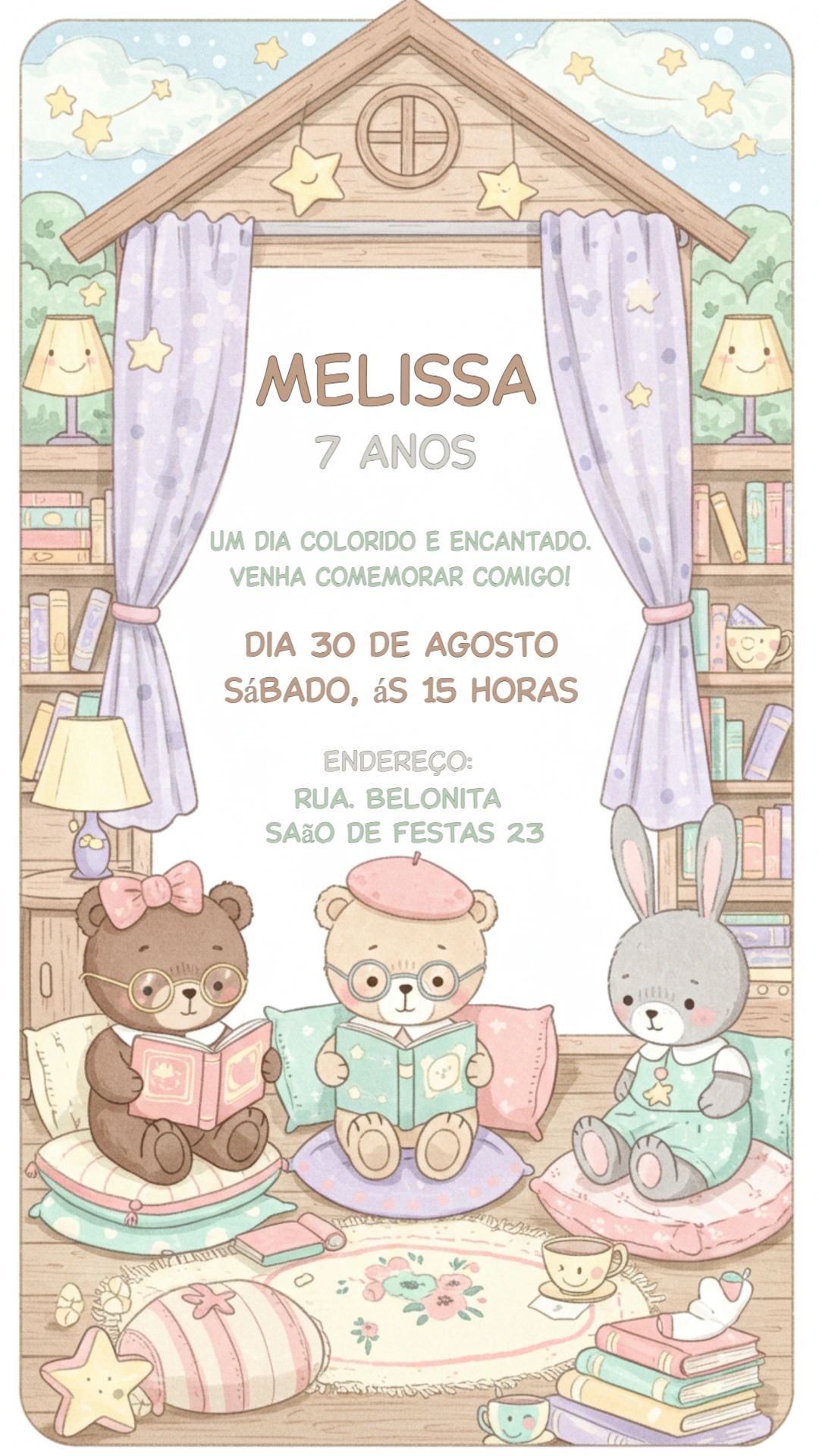 Convite de Aniversário Fofo com Animais Lendo para Editar