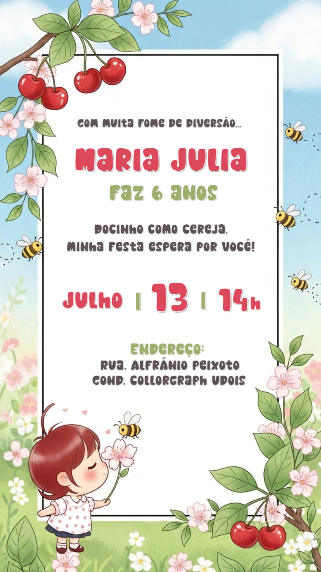 Convite de Aniversário Cereja com Menina para Editar Online